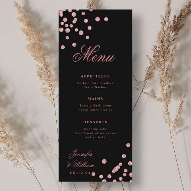 Romantic Script Wedding Confetti Rose Gold Black  Menu (Romantic Script Wedding Confetti Rose Gold Black Menu)