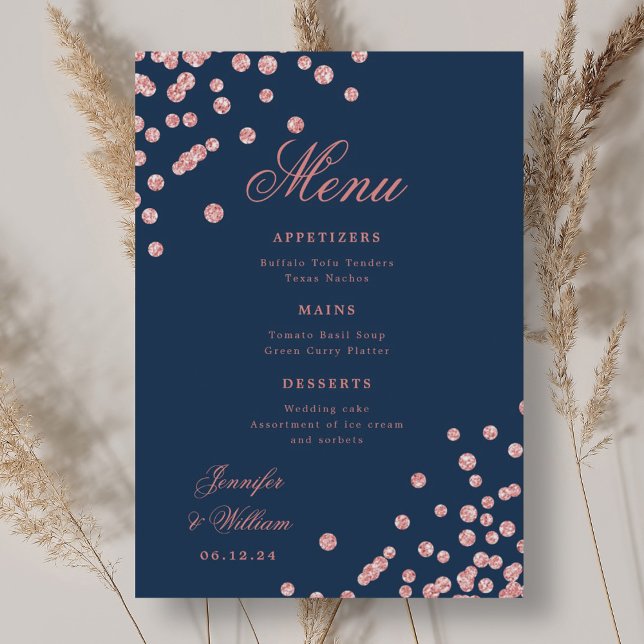 Romantic Script Wedding Confetti Rose Gold Navy  Menu (Romantic Script Wedding Confetti Rose Gold Navy Menu)