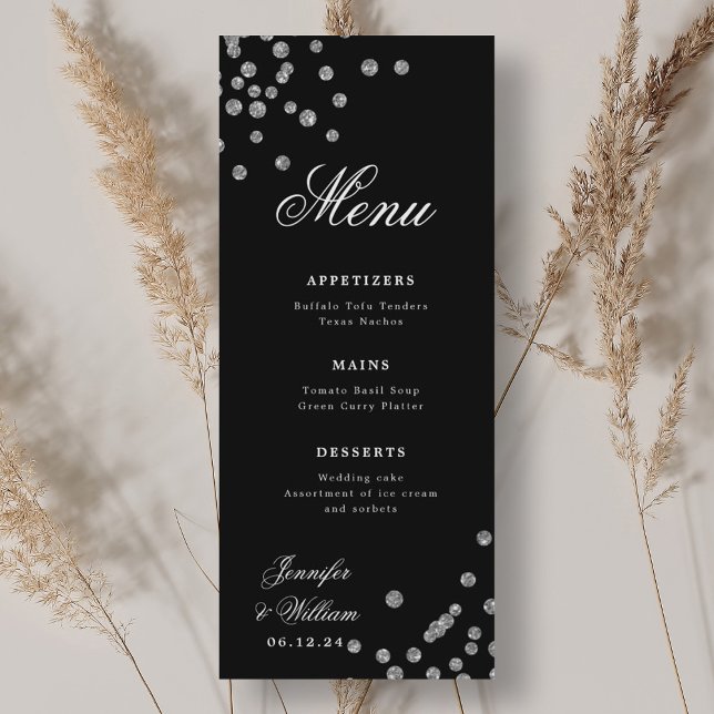 Romantic Script Wedding Confetti Silver Black  Menu (Romantic Script Wedding Confetti Silver Black Menu)