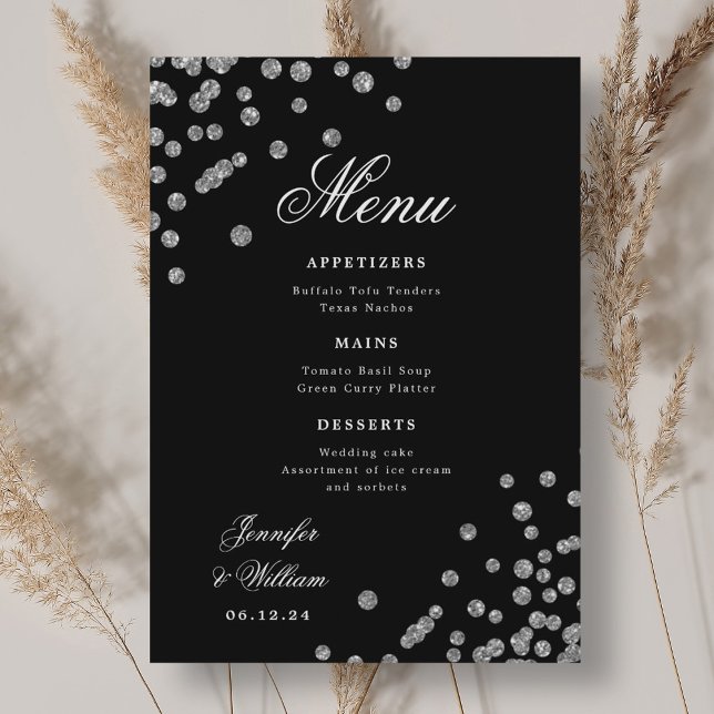 Romantic Script Wedding Confetti Silver Black  Menu (Romantic Script Wedding Confetti Silver Black Menu)