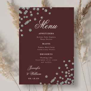 Romantic Script Wedding Confetti Silver Burgundy  Menu