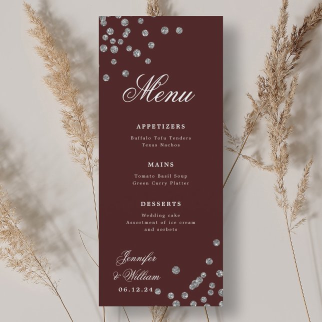 Romantic Script Wedding Confetti Silver Burgundy  Menu (Romantic Script Wedding Confetti Silver Burgundy Menu)
