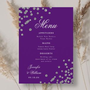 Romantic Script Wedding Confetti Silver Purple  Menu