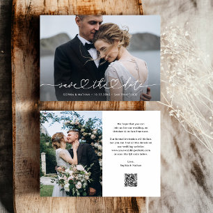 Romantic Script with Heart and Photos and QR Code Save The Date