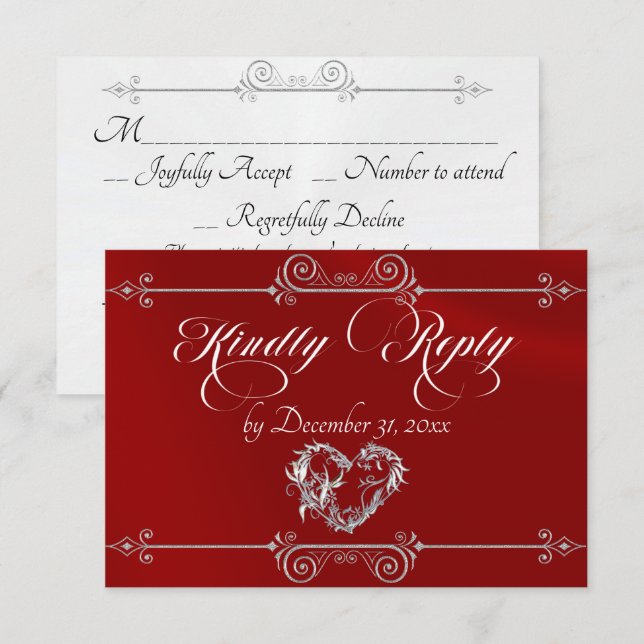 Romantic Scroll Heart - Red RSVP Card (Front/Back)