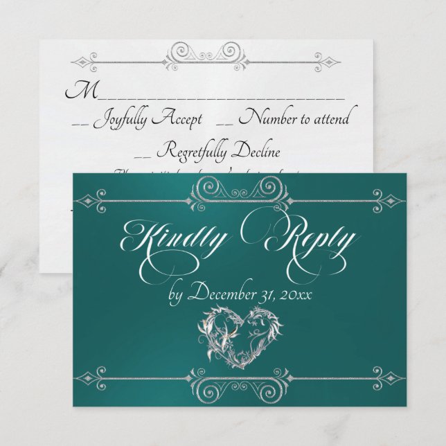 Romantic Scroll Heart - Teal RSVP Card (Front/Back)