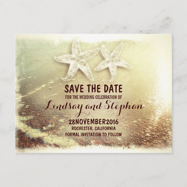 Romantic sea foam & starfish couple save the date announcement postcard (Front)