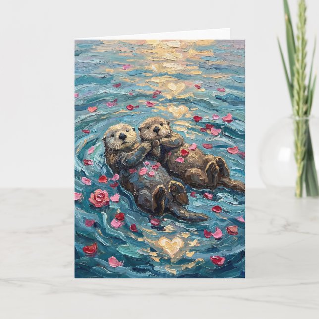 Romantic Sea Otters Holding Hands While Swimming Holiday Card (Front)
