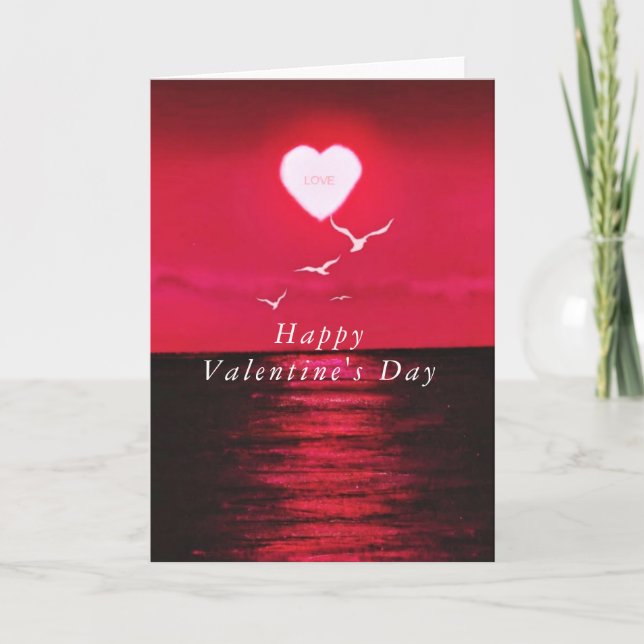 Romantic Sea Sunset Heart Valentine's Day Card (Front)