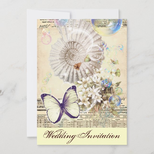 romantic seashells butterfly botanical wedding invitation (Front)