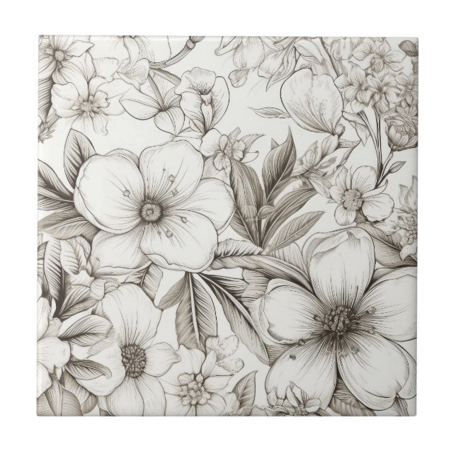 Romantic Sepia Floral Ivory Vintage Blossom Ceramic Tile (Front)