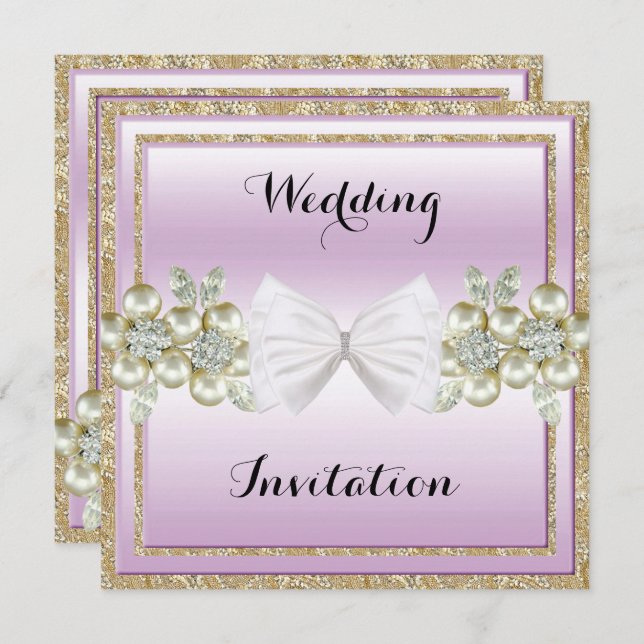 Romantic Sequins & Floral Gems Glitter Bow Wedding Invitation (Front/Back)