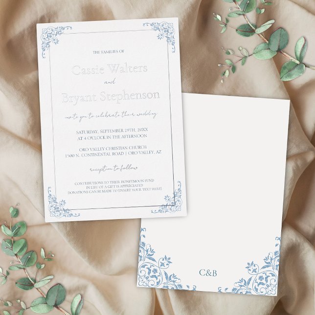 Romantic Shabby Chic Blue and White Wedding (Formal blue and white with silver foil wedding invitations with romantic floral border for vintage )