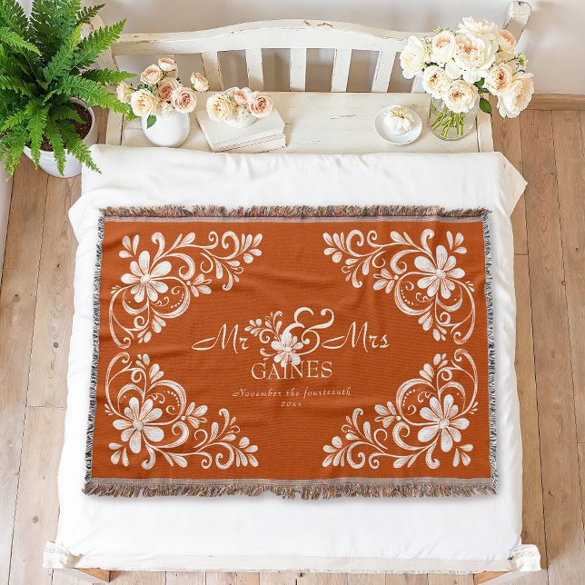 Romantic Shabby Chic Burnt Orange Mr & Mrs Floral  Throw Blanket (Creator Uploaded)
