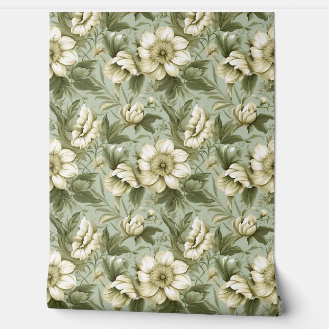 Romantic Shabby chic dusty green white flowers Wallpaper (Unrolling)