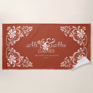 Romantic Shabby Chic Red Rust Mr Mrs Newlywed Beach Towel