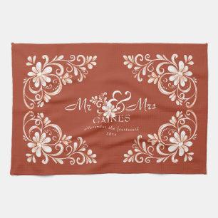 Romantic Shabby Chic Red Rust Mr Mrs Newlywed Tea Towel