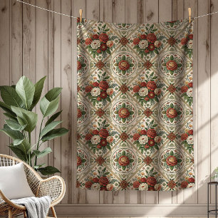 Romantic Shabby Chic Throw Red Roses and Tiles Fleece Blanket