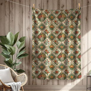 Romantic Shabby Chic Throw with Red Roses and Tile Fleece Blanket