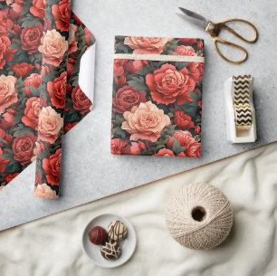 Romantic Shades of Red and Salmon Roses Wrapping Paper
