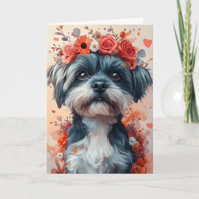 Romantic Shih Tzu in Heart-Shaped Wreath Valentine Card (Front)
