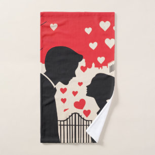 Romantic Silhouette Couple Cityscape Hearts Bath Towel Set