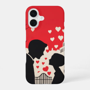 Romantic Silhouette Couple Cityscape Hearts iPhone 16 Case