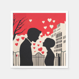 Romantic Silhouette Couple Cityscape Hearts Napkin