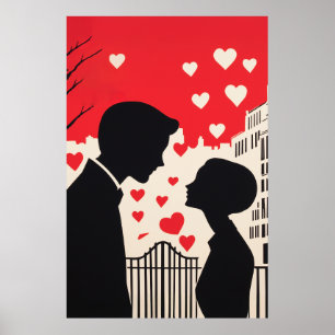 Romantic Silhouette Couple Cityscape Hearts Poster