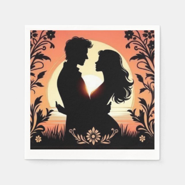 Romantic Silhouette: Lovers' Moonlit Embrace Napkin (Front)