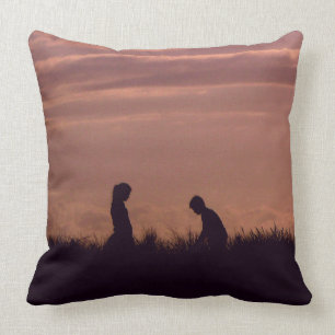 Romantic Silhouette Young People Sunset Photo Cushion