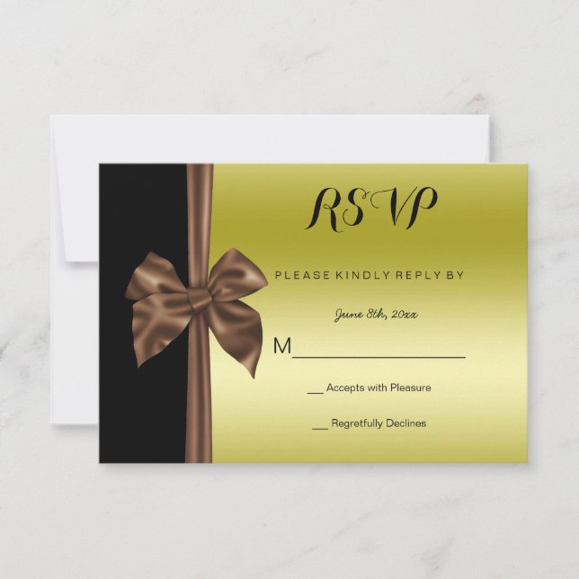 Romantic Silk Bow Gold & Black RSVP Card (Front)