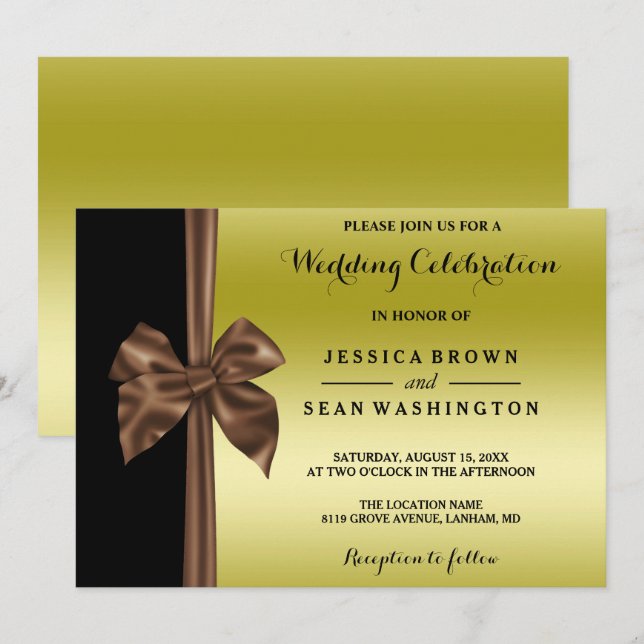 Romantic Silk Bow Gold & Black Wedding Invitation (Front/Back)