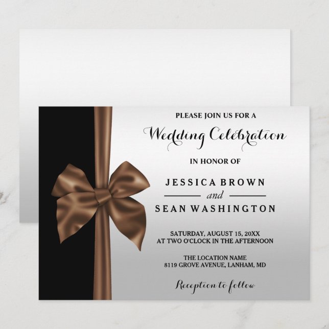Romantic Silk Bow Silver & Black Wedding Invitation (Front/Back)