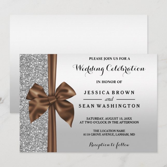 Romantic Silk Bow Silver Glitter & Black Wedding Invitation (Front/Back)