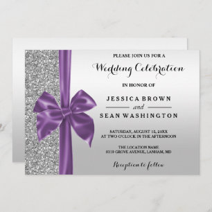 Romantic Silk Bow Silver Glitter & Black Wedding Invitation