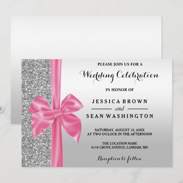 Romantic Silk Bow Silver Glitter & Black Wedding Invitation (Front/Back)