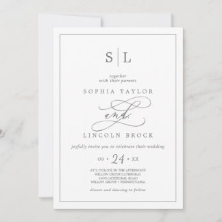 Romantic Silver Calligraphy Monogram Wedding Invitation
