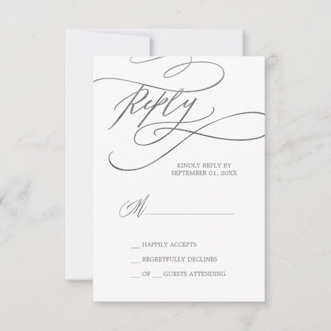 Romantic Silver Calligraphy Simple RSVP Card (Front)
