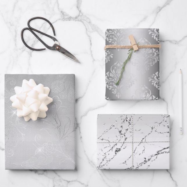 Romantic Silver Floral Lace Marble Wrapping Paper Sheet (Front)