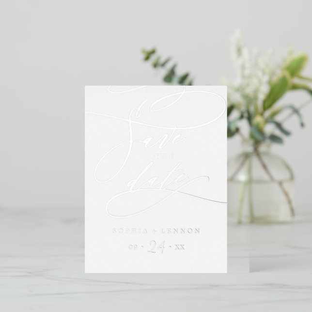 Romantic Silver Foil Calligraphy Save the Date Invitation Postcard (Standing Front)