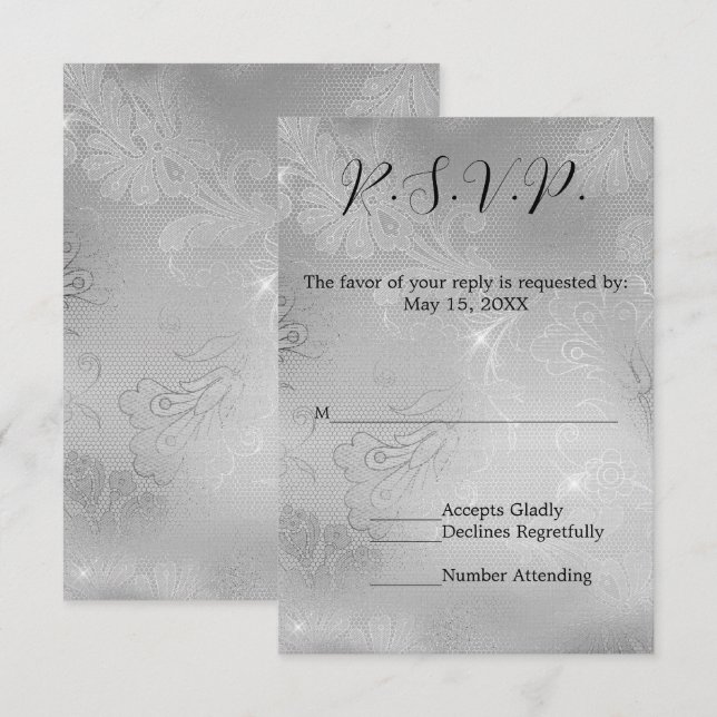 Romantic Silver Lace Wedding RSVP Card (Front/Back)