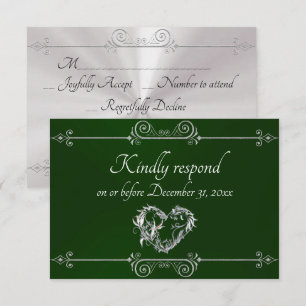 Romantic Silver Scroll Heart on Emerald RSVP Card