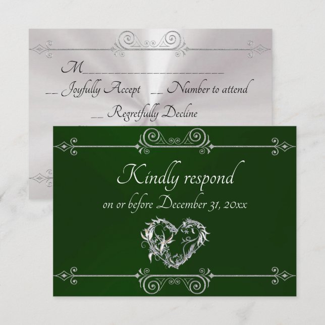 Romantic Silver Scroll Heart on Emerald RSVP Card (Front/Back)