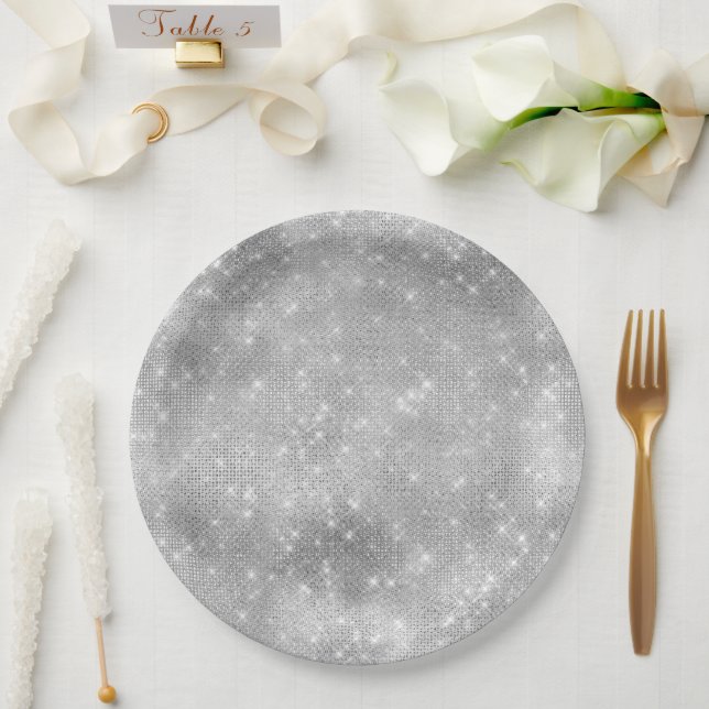 Romantic Silver Sparkle Glitzy Bridal Shower Paper Plate (Wedding)