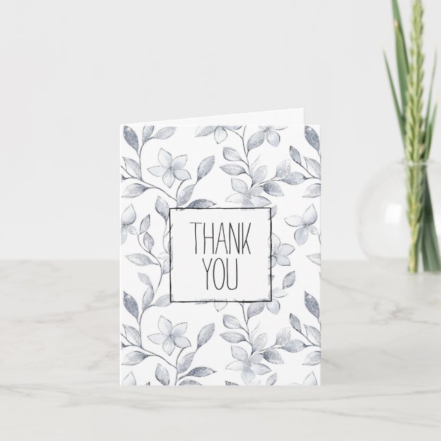 Romantic Silver White Rose Floral Thank You Card (Front)