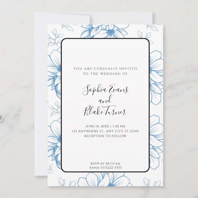 Romantic Simple Blue Line Drawn Flowers Wedding Invitation (Front)