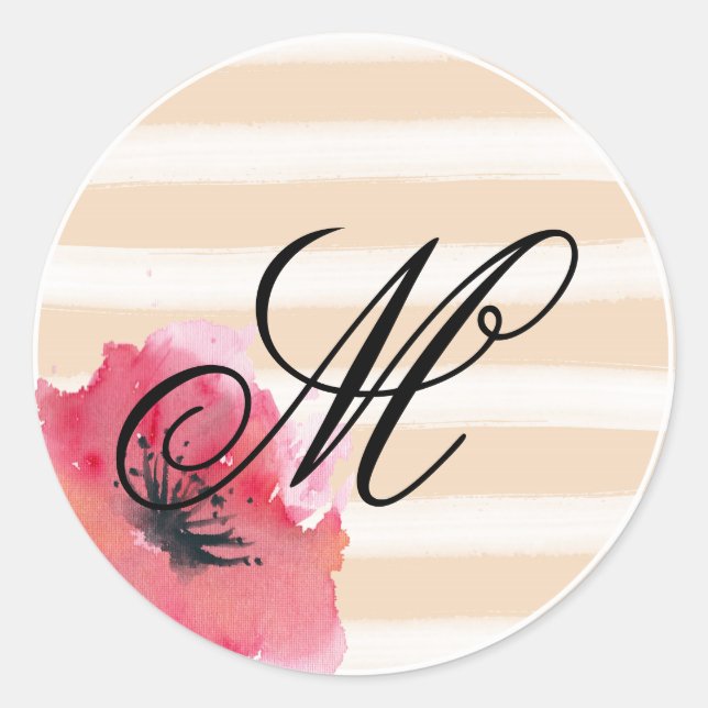 Romantic Simple Stripes Floral Monogram Script Classic Round Sticker (Front)