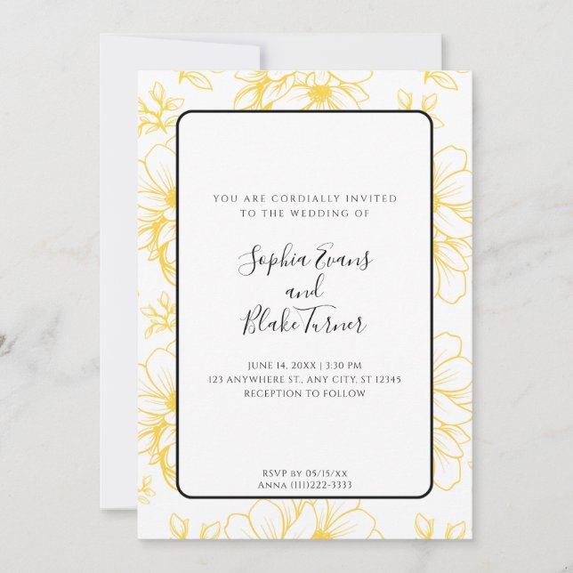 Romantic Simple Yellow Line Drawn Flowers Wedding Invitation (Front)