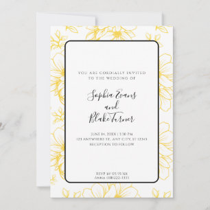 Romantic Simple Yellow Line Drawn Flowers Wedding Invitation